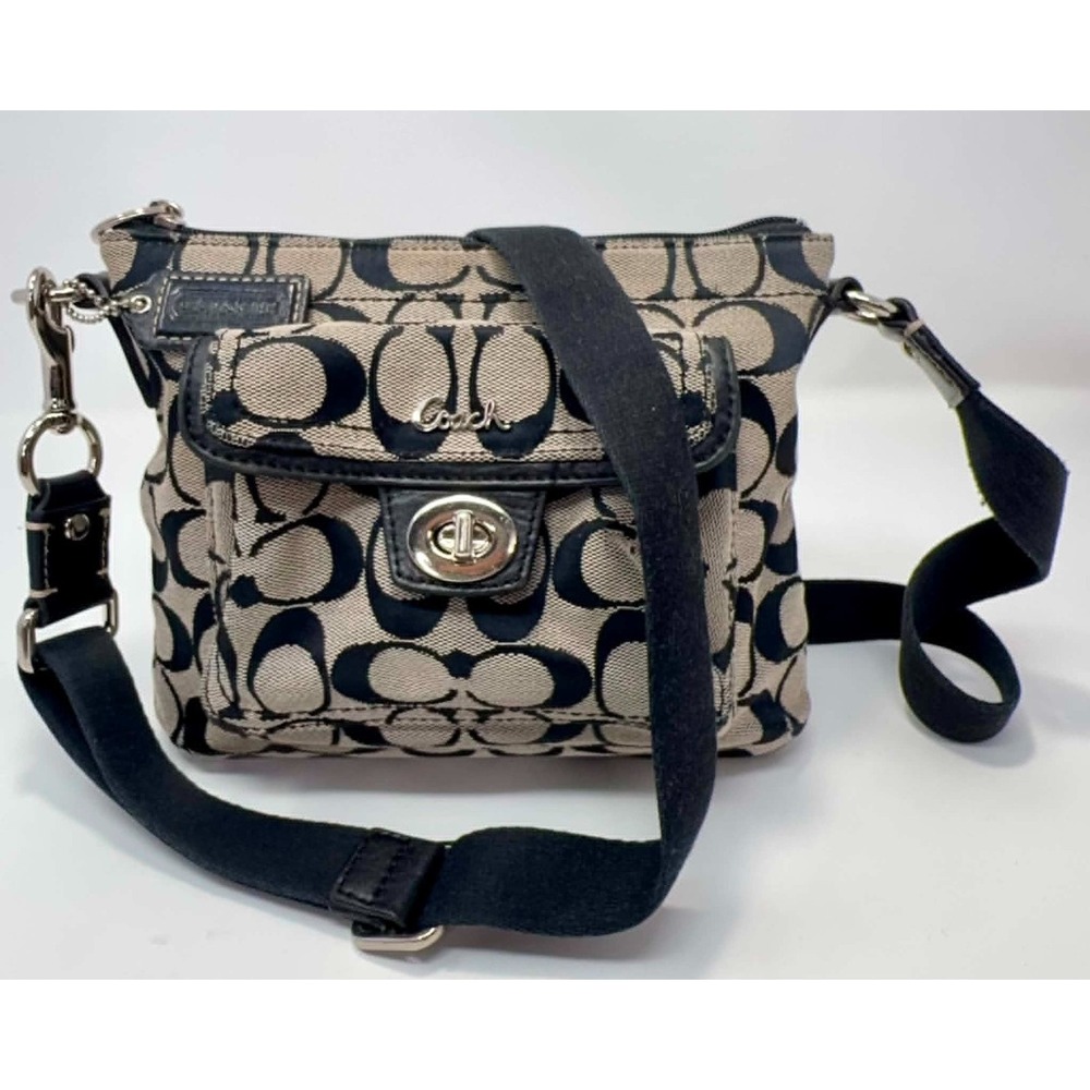 Coach Signature C Canvas Turnlock Flap Crossbody Bag Black Gray Jacquard Y2K